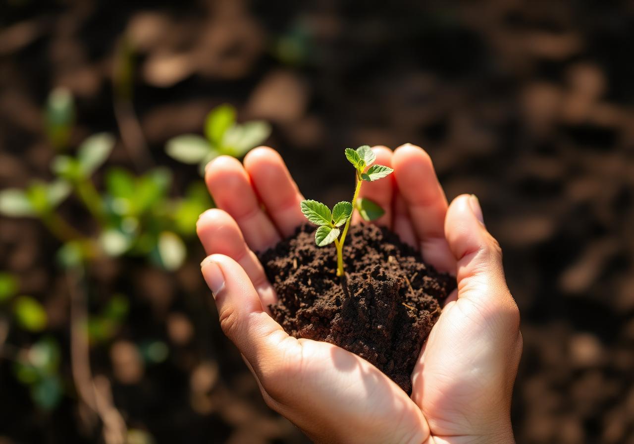 Hands holding a green sapling
